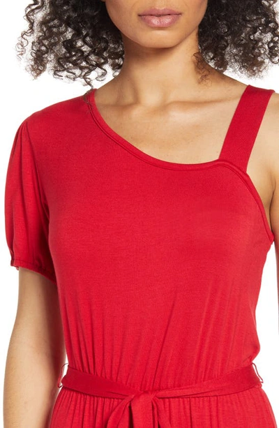 Shop Loveappella One-shoulder Ruffle Hem Knit Dress In Red