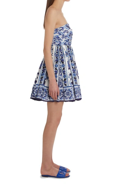Strapless Pleated Printed Cotton-poplin Mini Dress In Blue,white