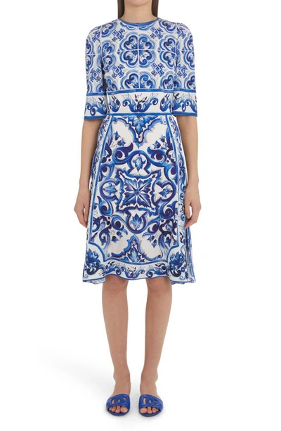 Dolce & Gabbana Pleated Printed Cotton-poplin Midi Dress In Blue | ModeSens