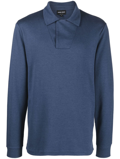 Shop Giorgio Armani Long-sleeve Cotton-blend Polo Shirt In Blau