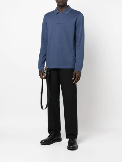 Shop Giorgio Armani Long-sleeve Cotton-blend Polo Shirt In Blau