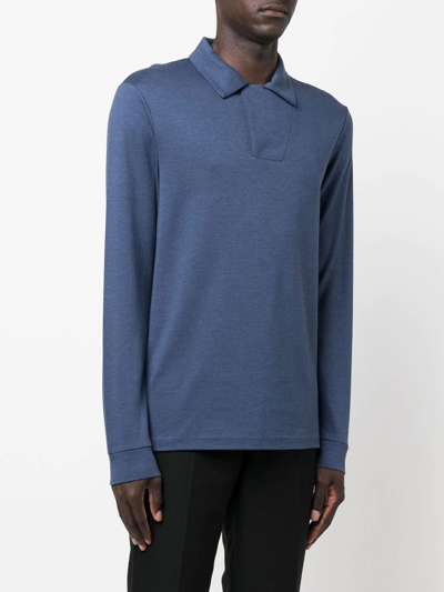 Shop Giorgio Armani Long-sleeve Cotton-blend Polo Shirt In Blau