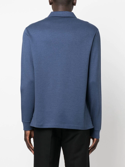 Giorgio Armani Long-sleeve Cotton-blend Polo Shirt In Blau