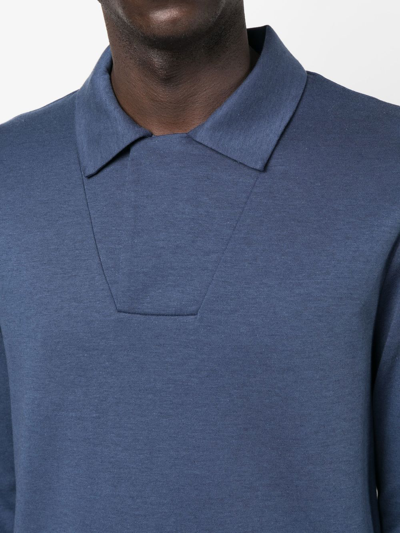 Shop Giorgio Armani Long-sleeve Cotton-blend Polo Shirt In Blau