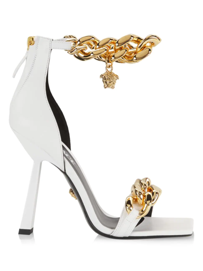 Shop Versace Women's Chain & Leather High-heel Sandals In White Gold
