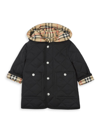 Shop Burberry Baby Boy's Diamond Quilted Nylon Hooded Coat In Black