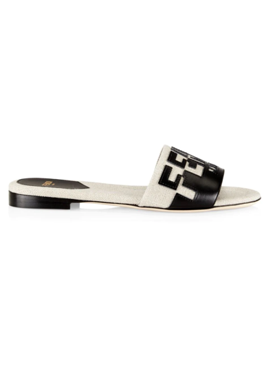 Shop Fendi Canvas & Leather Logo Slide Sandals In Linen