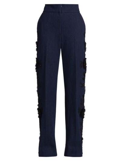Shop Frederick Anderson Women's Rebirth Embroidered Flat-front Denim Trousers In Navy