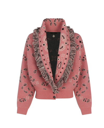 Shop Alanui Bandana Jacquard Cropped Fringed Cardigan In Pink