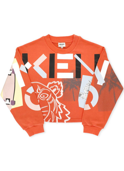 Shop Kenzo Kids Allover Printed Crewneck Sweatshirt In Orange