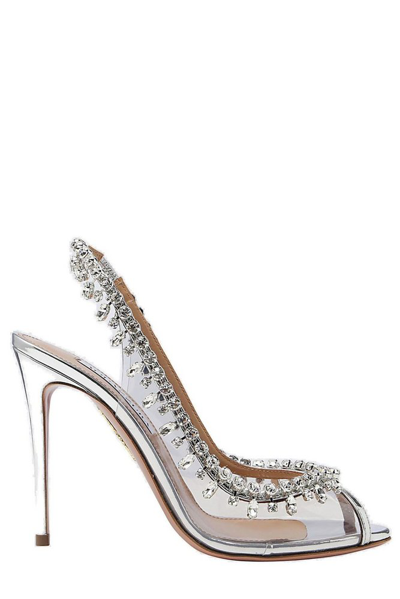 Shop Aquazzura Temptation Embellished Slingback Sandals In Silver