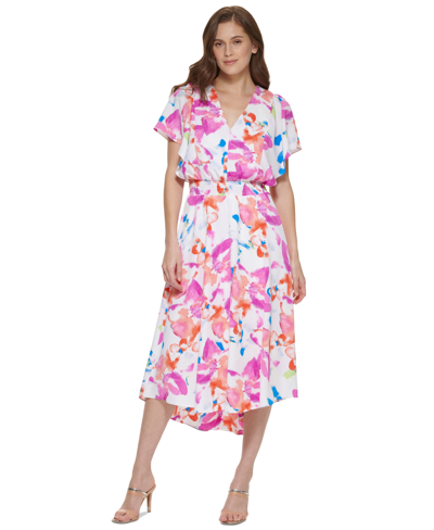 Shop Dkny Women's Smocked Waist Midi Dress In Flamingo Multi