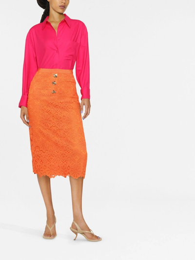 Self-portrait Self Portrait Lace Midi Skirt With Golden Buttons In Orange
