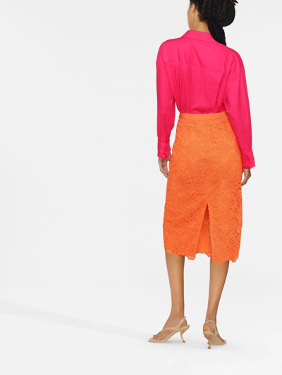 Self-portrait Self Portrait Lace Midi Skirt With Golden Buttons In Orange