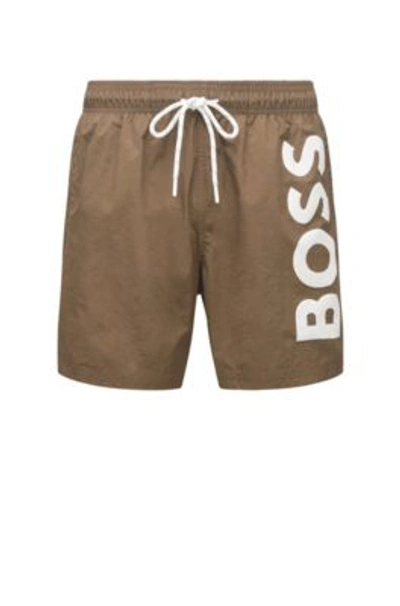 Shop Hugo Boss Quick-drying Swim Shorts With Large Contrast Logo In Dark Green