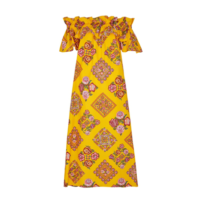 Shop La Doublej La Double J Breakfast Floral-print Off-the-shoulder Cotton Dress In Multicoloured