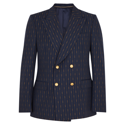 Shop Gucci Navy Horsebit-jacquard Wool Blazer, Blazer, Navy, Wool In Blue