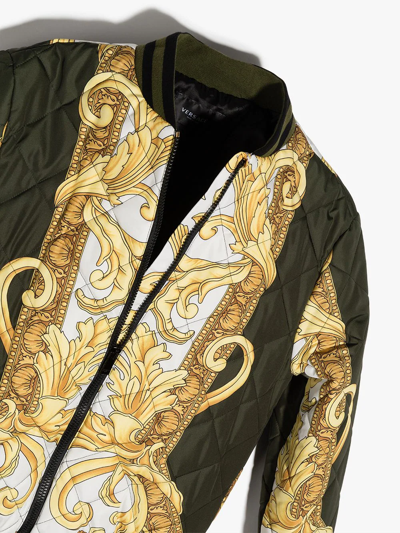 Shop Versace Teen Barocco-print Quilted Bomber Jacket In Green