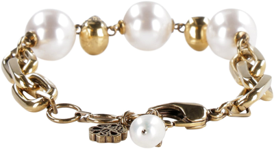 Shop Alexander Mcqueen Chain Bracelet With Pearls In Gold