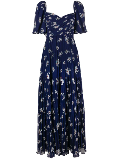 Shop Self-portrait Floral-print Pleated Maxi Dress In Blue