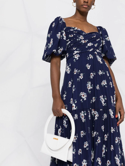 Shop Self-portrait Floral-print Pleated Maxi Dress In Blue