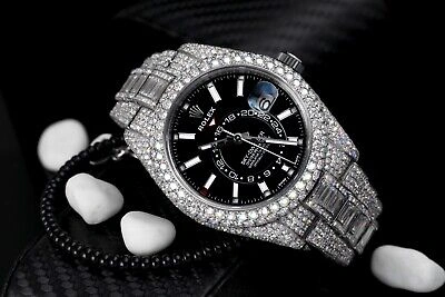 Pre-owned Rolex Sky Dweller Black Dial Stainless Steel 326934 Custom Diamond Watch With Ba