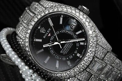 Pre-owned Rolex Sky Dweller Black Dial Stainless Steel 326934 Custom Diamond Watch With Ba