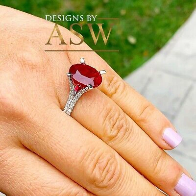 Pre-owned Halo 14k White Gold Oval Cut Ruby And Round Diamond Split Shank Design Ring 12.65ct In Red