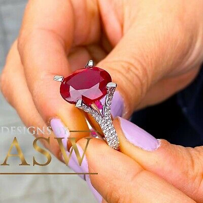 Pre-owned Halo 14k White Gold Oval Cut Ruby And Round Diamond Split Shank Design Ring 12.65ct In Red