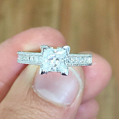 Pre-owned Knr 14k White Gold Princess Cut Diamond Engagement Ring Deco Prong Bridal 1.50ctw