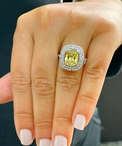 Pre-owned Knr 14k Yellow Gold Cushion Fancy Yellow And Natural Diamonds Engagement Ring 4.50