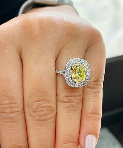 Pre-owned Knr 14k Yellow Gold Cushion Fancy Yellow And Natural Diamonds Engagement Ring 4.50