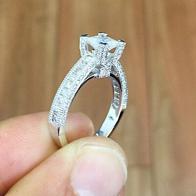 Pre-owned Knr 14k White Gold Princess Cut Diamond Engagement Ring Deco Prong Bridal 1.50ctw