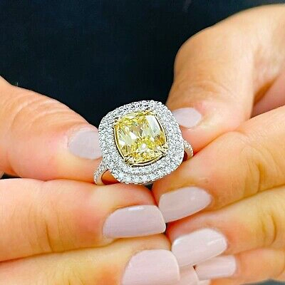 Pre-owned Knr 14k Yellow Gold Cushion Fancy Yellow And Natural Diamonds Engagement Ring 4.50