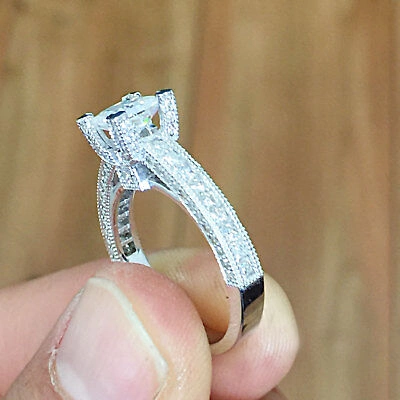 Pre-owned Knr 14k White Gold Princess Cut Diamond Engagement Ring Deco Prong Bridal 1.50ctw