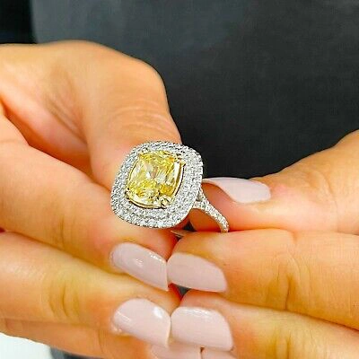 Pre-owned Knr 14k Yellow Gold Cushion Fancy Yellow And Natural Diamonds Engagement Ring 4.50