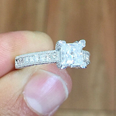 Pre-owned Knr 14k White Gold Princess Cut Diamond Engagement Ring Deco Prong Bridal 1.50ctw