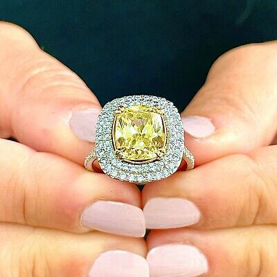 Pre-owned Knr 14k Yellow Gold Cushion Fancy Yellow And Natural Diamonds Engagement Ring 4.50