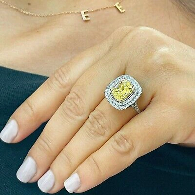 Pre-owned Knr 14k Yellow Gold Cushion Fancy Yellow And Natural Diamonds Engagement Ring 4.50