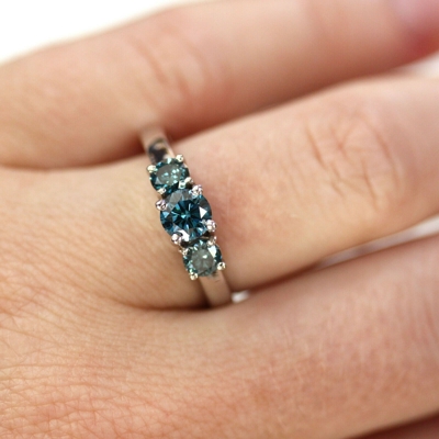 Pre-owned Jewelry By Arsa 1 Ctw Natural Blue Diamond Solid 14k White Gold Three Stone Engagement Ring 6 Mm In Fancy Color