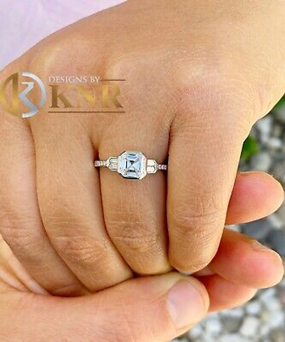 Pre-owned Charles & Colvard 14k White Gold Asscher Forever One Moissanite And Diamond Engagement Ring 1.30ct