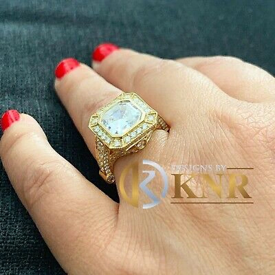 Pre-owned Charles & Colvard 14k Yellow Gold Asscher Forever One Moissanite And Diamond Engagement Ring 4.60