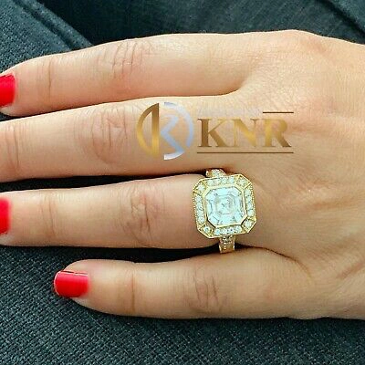 Pre-owned Charles & Colvard 14k Yellow Gold Asscher Forever One Moissanite And Diamond Engagement Ring 4.60