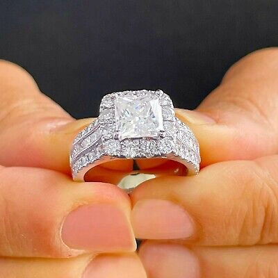 Pre-owned Knr 14k White Gold Princess Cut And Round Cut Natural Diamond Engagement Ring 3.00ct