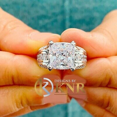 Pre-owned Knr 14k White Gold Cushion Moissanite And Natural Diamonds Engagement Ring 6.50ctw