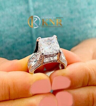 Pre-owned Knr 14k White Gold Cushion Moissanite And Natural Diamonds Engagement Ring 6.50ctw