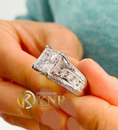 Pre-owned Knr 14k White Gold Cushion Moissanite And Natural Diamonds Engagement Ring 6.50ctw