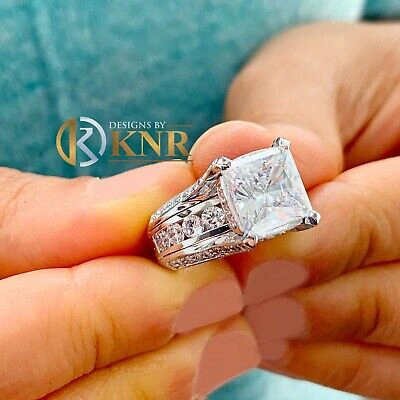 Pre-owned Knr 14k White Gold Cushion Moissanite And Natural Diamonds Engagement Ring 6.50ctw