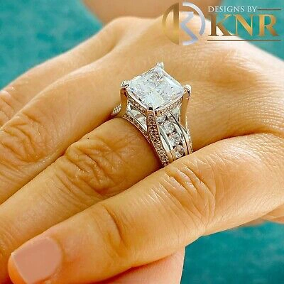 Pre-owned Knr 14k White Gold Cushion Moissanite And Natural Diamonds Engagement Ring 6.50ctw
