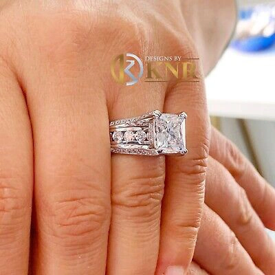 Pre-owned Knr 14k White Gold Cushion Moissanite And Natural Diamonds Engagement Ring 6.50ctw